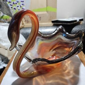 Vintage Rare Red Brown and Orange medium round Swan Bowl